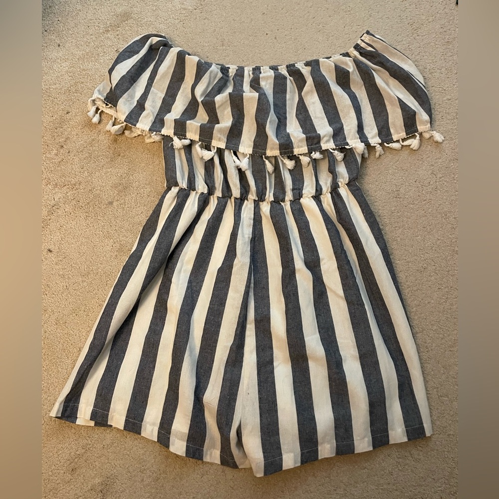 Striped fringe trim off the shoulder romper size L (8/10)